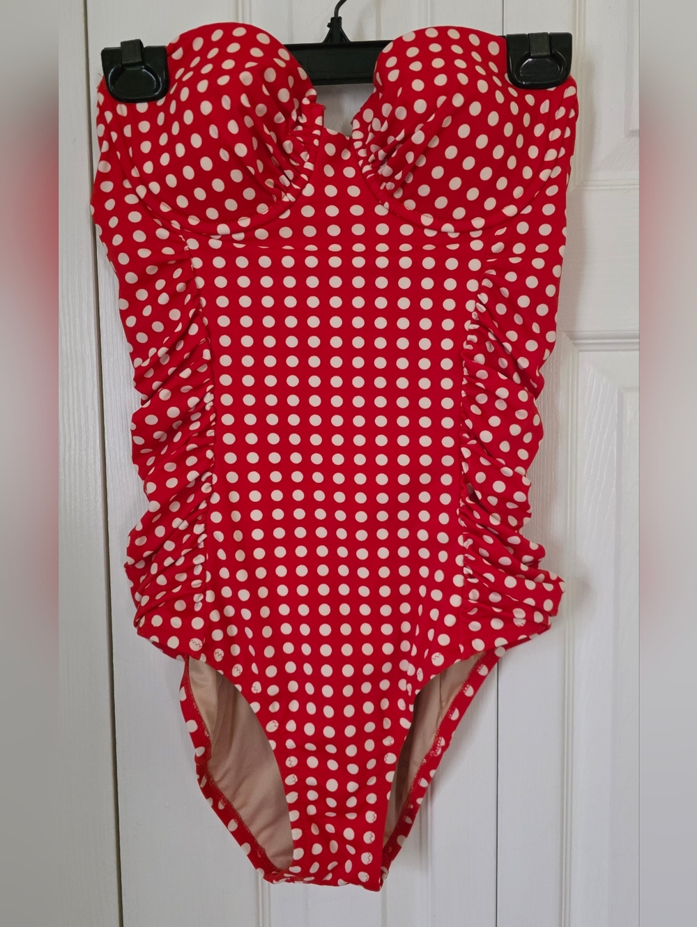 Jcrew Red White Polka Dot Ruched One-Piece Strapless Swimsuit